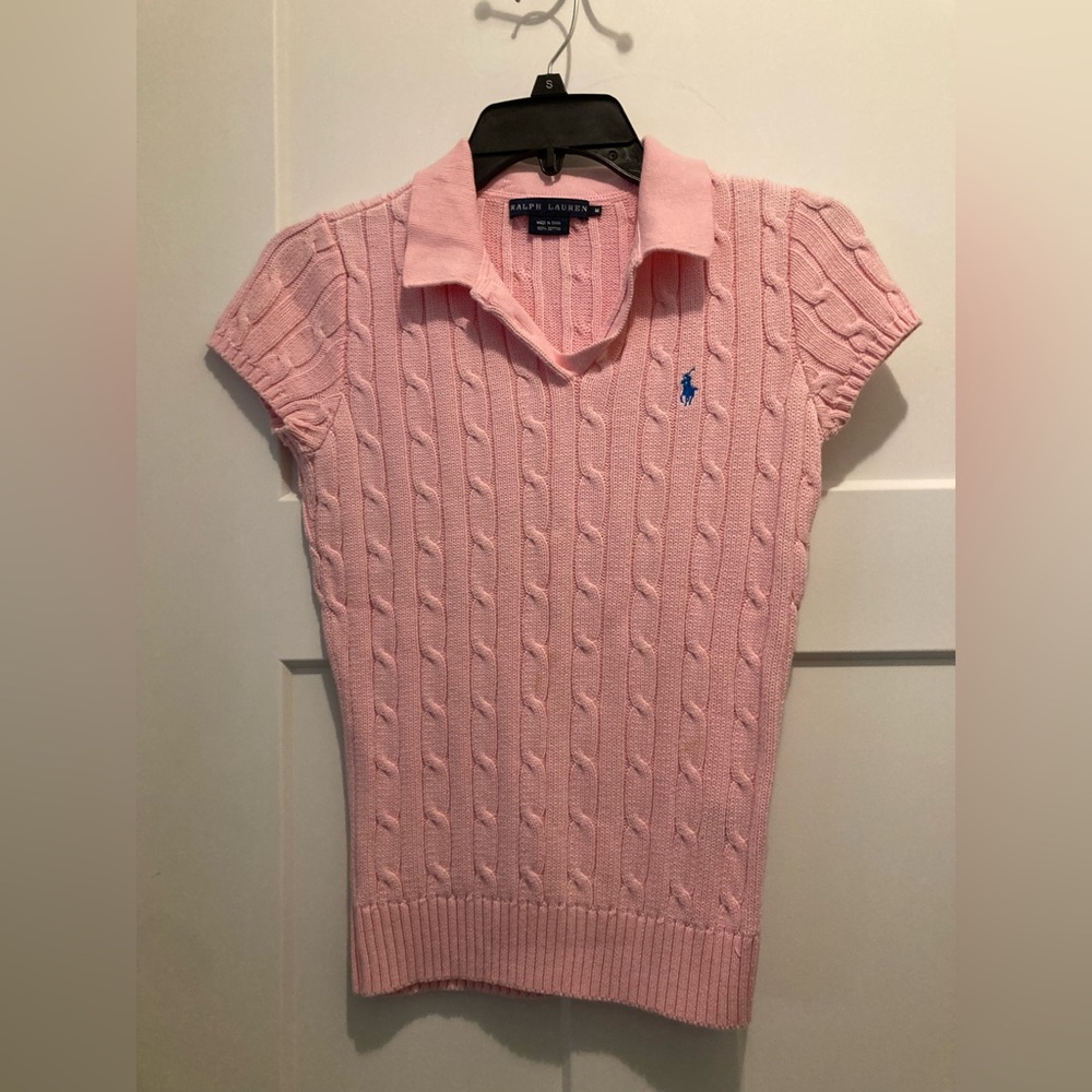 LAUREN Ralph Lauren Women Cable-Knit Polo Shirt Pink Sz.M